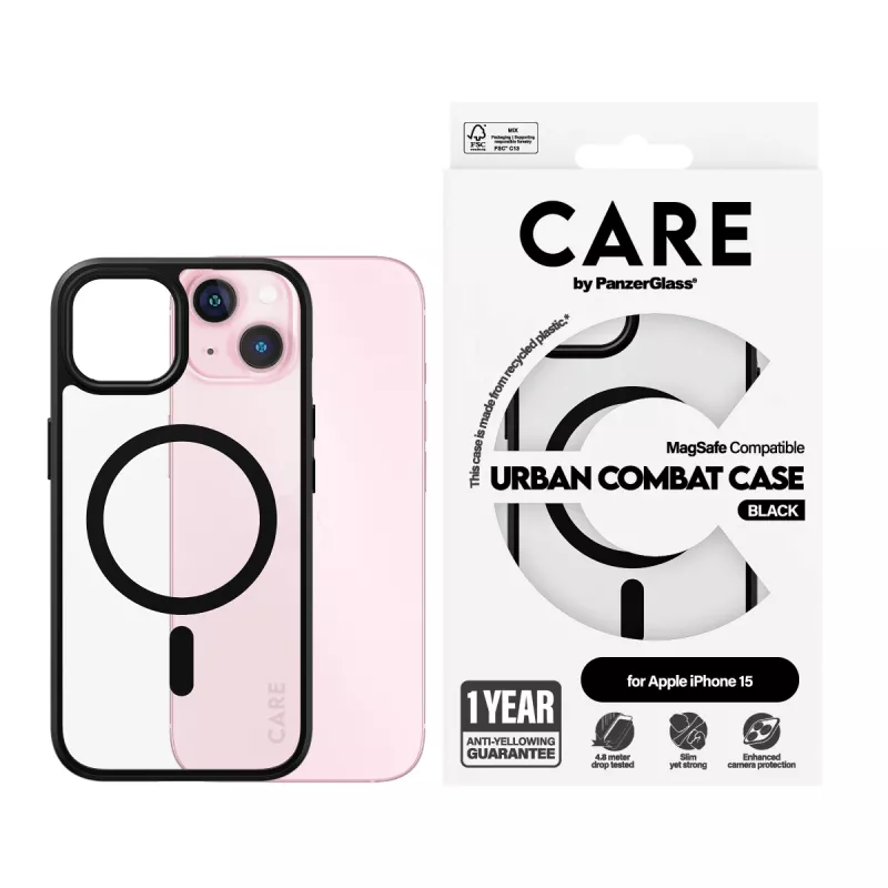 Abdeckung PanzerGlass CARE by Flagship Hülle Transparent Urban Combat Schwarz MagSafe iPhone 15