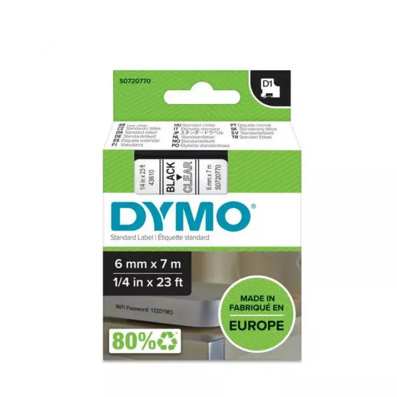 DYMO Authentic D1 Labels | Schwarzdruck auf transparenter Folie | 6 mm x 7 m | Selbstklebende Etiketten für LabelManager Etikettendrucker | Hergestellt in Europa