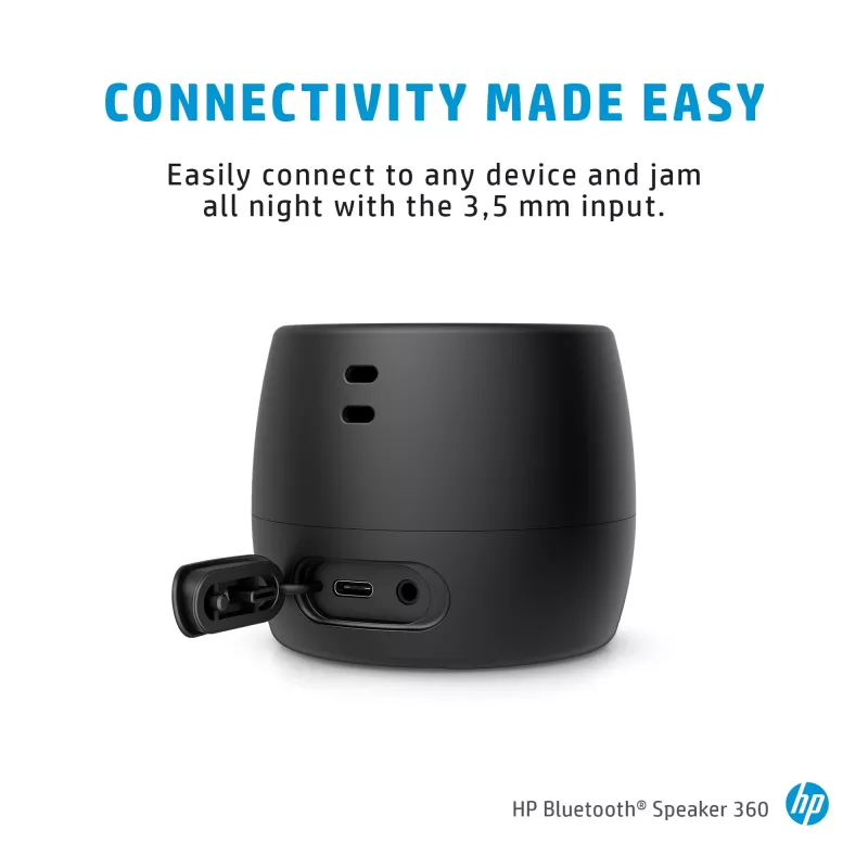 HP Black Bluetooth Speaker 360, Kabel & Drahtlos, Mono tragbarer Lautsprecher, Schwarz, Zylinder, Tasten, Universal
