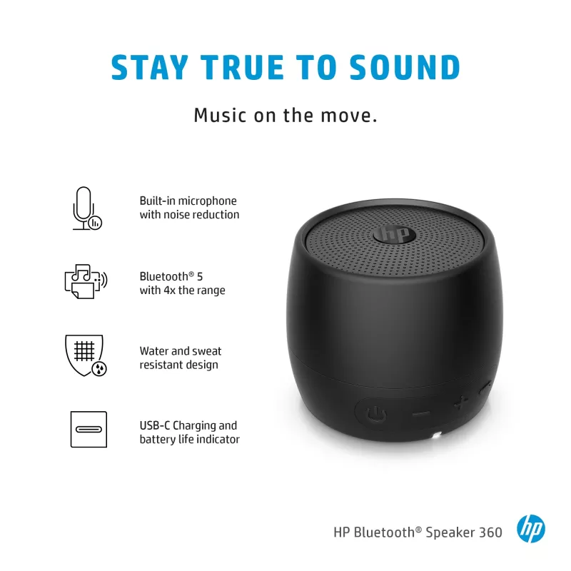 HP Black Bluetooth Speaker 360, Kabel & Drahtlos, Mono tragbarer Lautsprecher, Schwarz, Zylinder, Tasten, Universal
