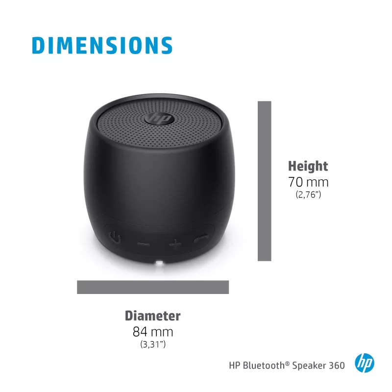 HP Black Bluetooth Speaker 360, Kabel & Drahtlos, Mono tragbarer Lautsprecher, Schwarz, Zylinder, Tasten, Universal