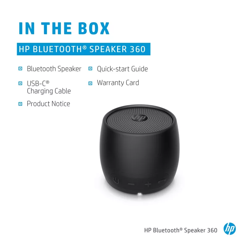 HP Black Bluetooth Speaker 360, Kabel & Drahtlos, Mono tragbarer Lautsprecher, Schwarz, Zylinder, Tasten, Universal