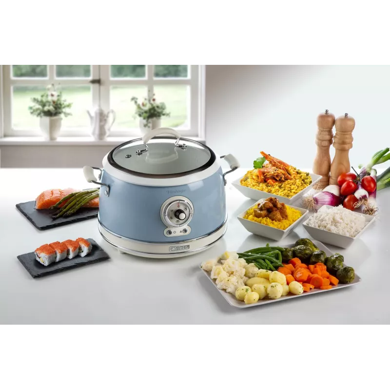 Ariete 2904 Reiskocher - Elektrischer Reiskocher mit Keramiktopf - Selbstgemachtes Sushi - Multikocher - Vintage Line - 3,5 L - 650 W - Blau