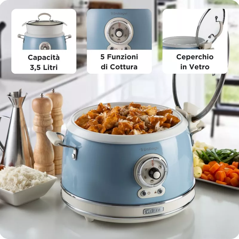 Ariete 2904 Reiskocher - Elektrischer Reiskocher mit Keramiktopf - Selbstgemachtes Sushi - Multikocher - Vintage Line - 3,5 L - 650 W - Blau