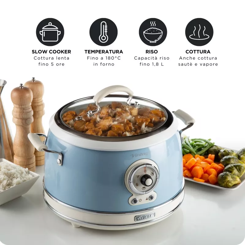 Ariete 2904 Reiskocher - Elektrischer Reiskocher mit Keramiktopf - Selbstgemachtes Sushi - Multikocher - Vintage Line - 3,5 L - 650 W - Blau
