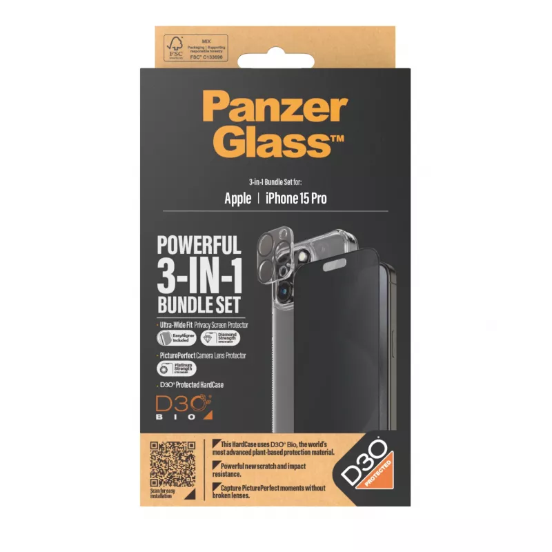 PanzerGlass Privacy 3-in-1 Pack iPhone 15 Pro Stoßfestes gehärtetes Glas