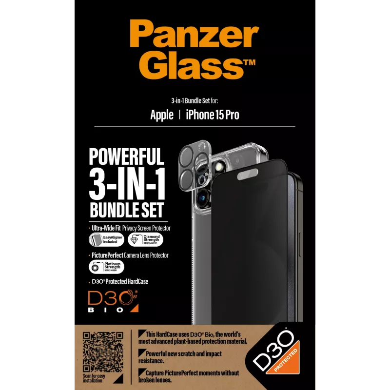 PanzerGlass Privacy 3-in-1 Pack iPhone 15 Pro Stoßfestes gehärtetes Glas