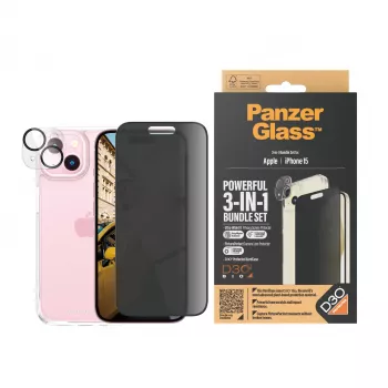 PanzerGlass ® Privacy 3-in-1-Pack iPhone 15 stoßfestes gehärtetes Glas