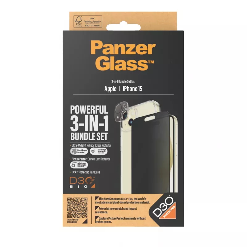 PanzerGlass ® Privacy 3-in-1-Pack iPhone 15 stoßfestes gehärtetes Glas