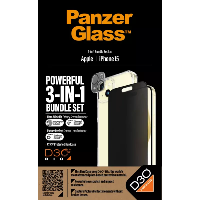 PanzerGlass ® Privacy 3-in-1-Pack iPhone 15 stoßfestes gehärtetes Glas
