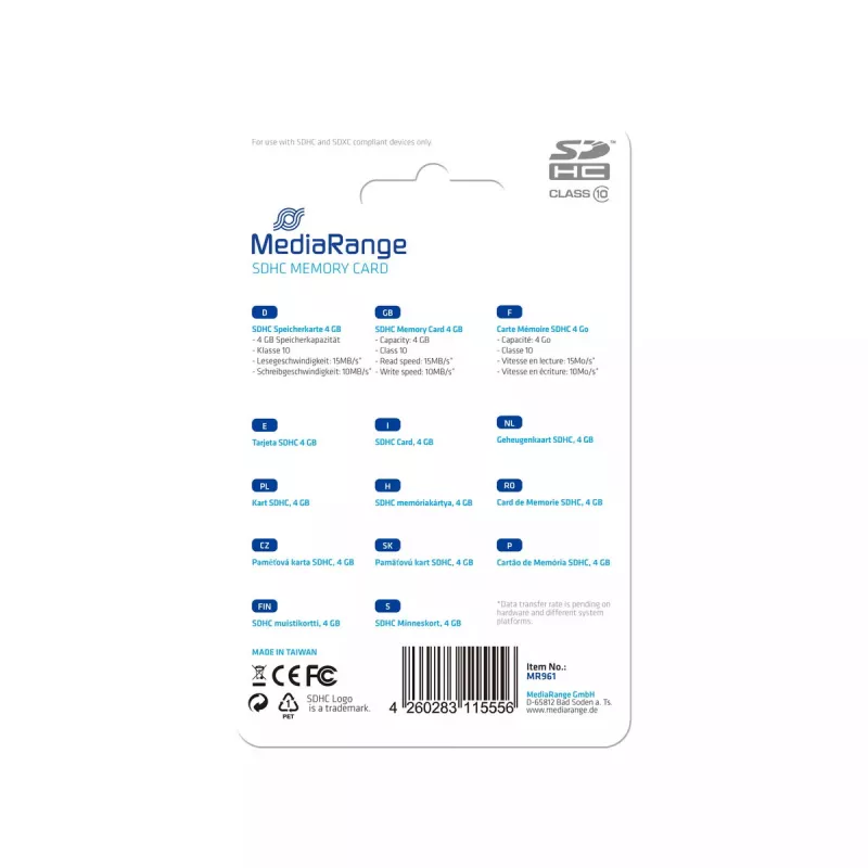 Flash-Speicher MediaRange 4GB SDHC Class 10 MR961