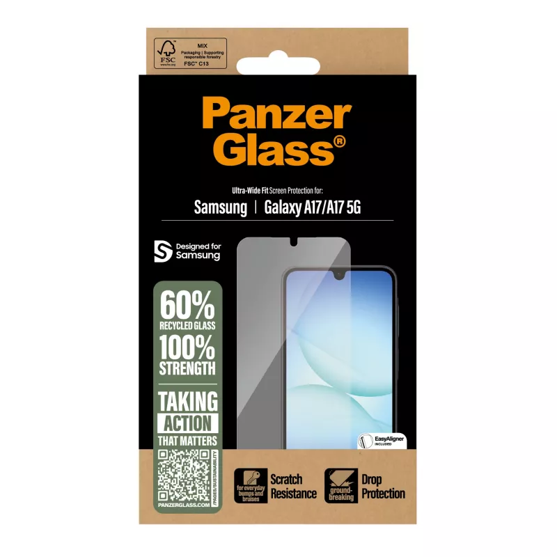 PanzerGlass Displayschutzfolie für Samsung Galaxy A17 / A17 5G — Ultra-Wide Fit, PET+Silikon, kratz- und stoßfest