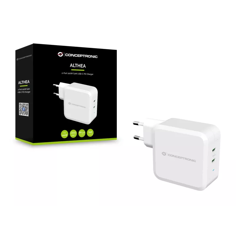 Conceptronic ALTHEA 2-Port 100W GaN USB-C PD Ladegerät, Innenbereich, Wechselstrom, 5 V, 5 A, Weiß