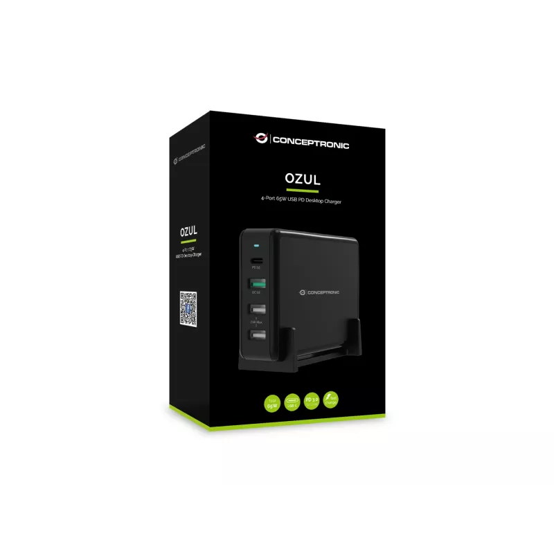 Conceptronic OZUL 4-Port 65W USB PD Desktop-Ladegerät, Innenbereich, AC, 5 V, Schwarz