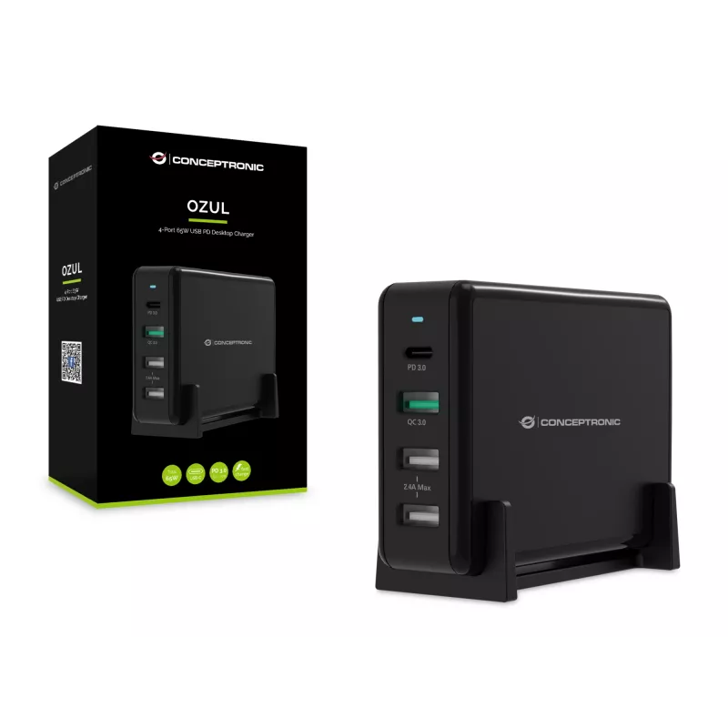 Conceptronic OZUL 4-Port 65W USB PD Desktop-Ladegerät, Innenbereich, AC, 5 V, Schwarz