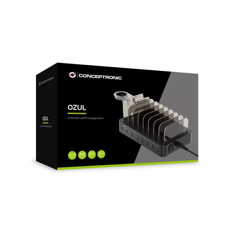 Conceptronic OZUL 8-Port 75W USB PD Ladestation, Innenbereich, AC, 12 V, Schwarz