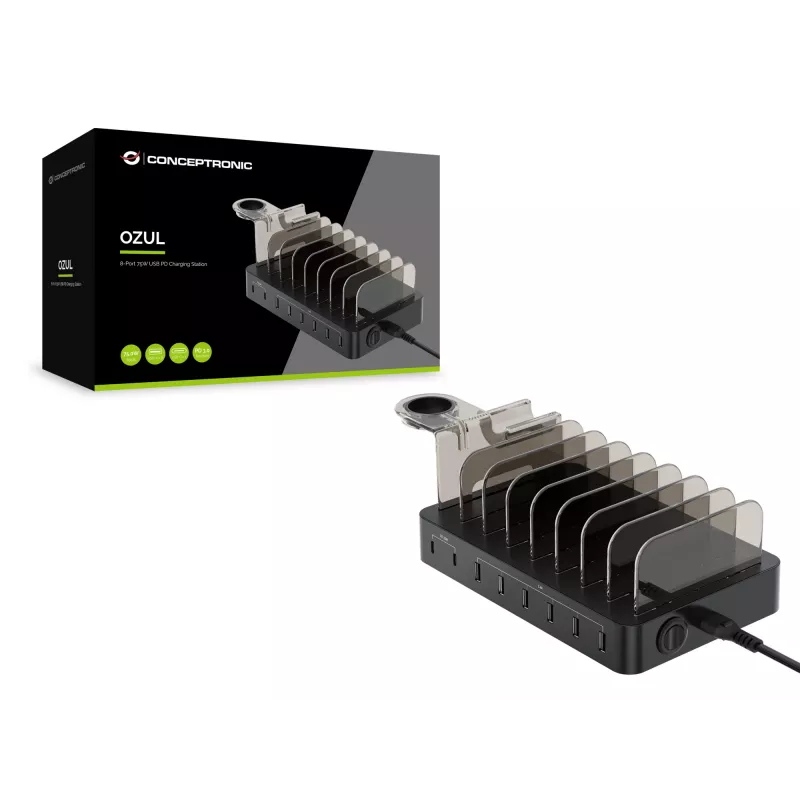 Conceptronic OZUL 8-Port 75W USB PD Ladestation, Innenbereich, AC, 12 V, Schwarz