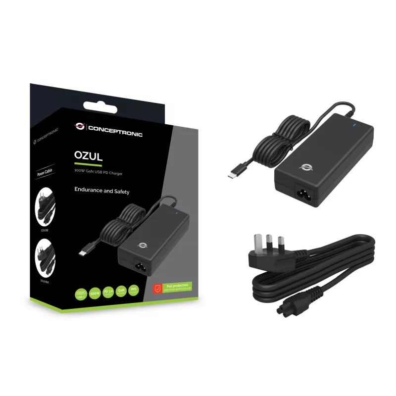 Conceptronic OZUL03BUK 100W GaN Desktop USB PD Ladegerät, integriertes USB-C-Kabel, UK-Stecker