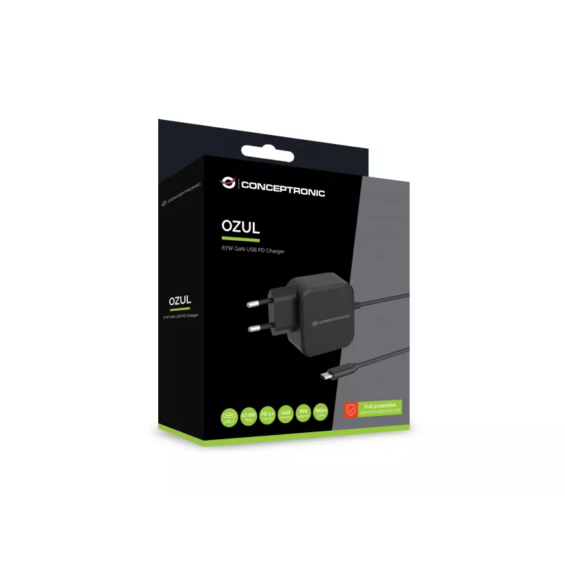 Conceptronic OZUL04BE 67W GaN USB PD Ladegerät, integriertes USB-C-Kabel