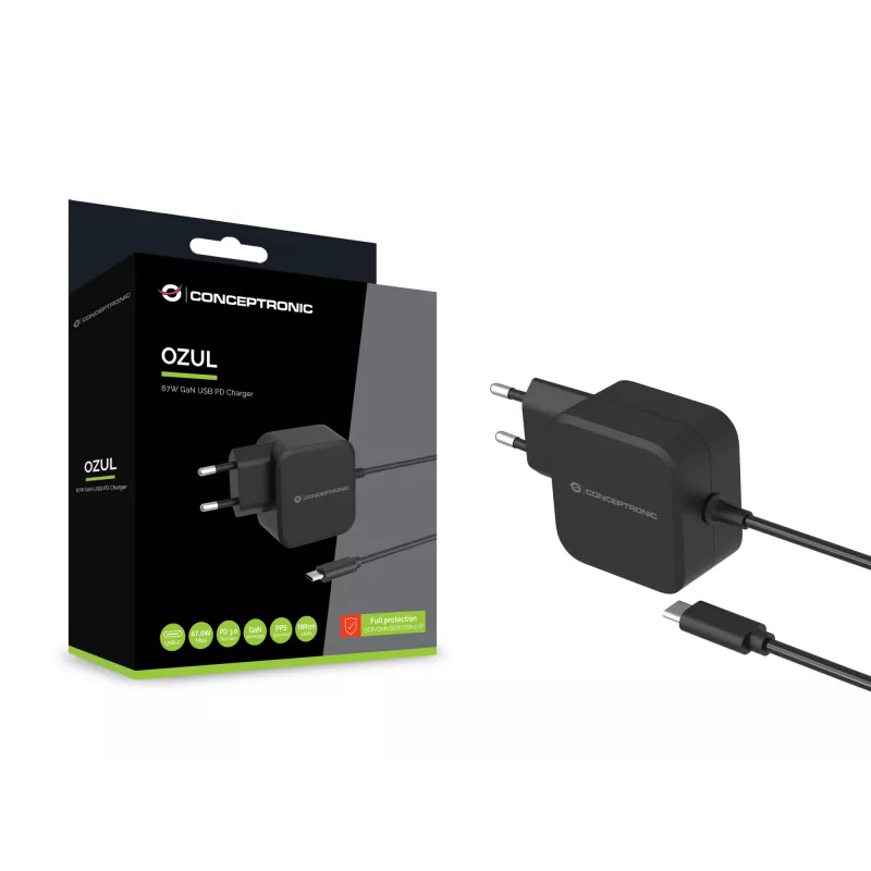 Conceptronic OZUL04BE 67W GaN USB PD Ladegerät, integriertes USB-C-Kabel