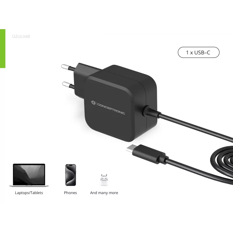 Conceptronic OZUL04BE 67W GaN USB PD Ladegerät, integriertes USB-C-Kabel