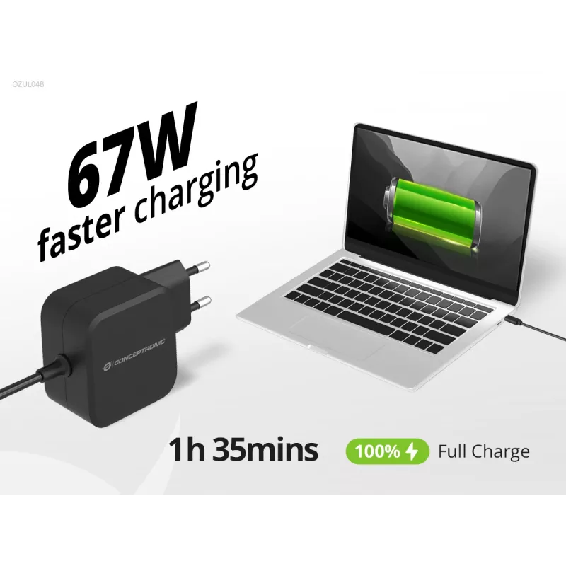 Conceptronic OZUL04BE 67W GaN USB PD Ladegerät, integriertes USB-C-Kabel