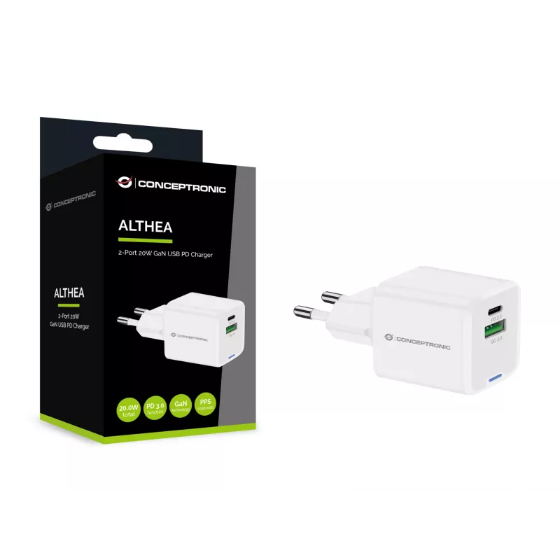 Conceptronic 2-Port 20W GaN USB PD Ladegerät, USB-C x 1, USB-A x 1 ALTHEA15W