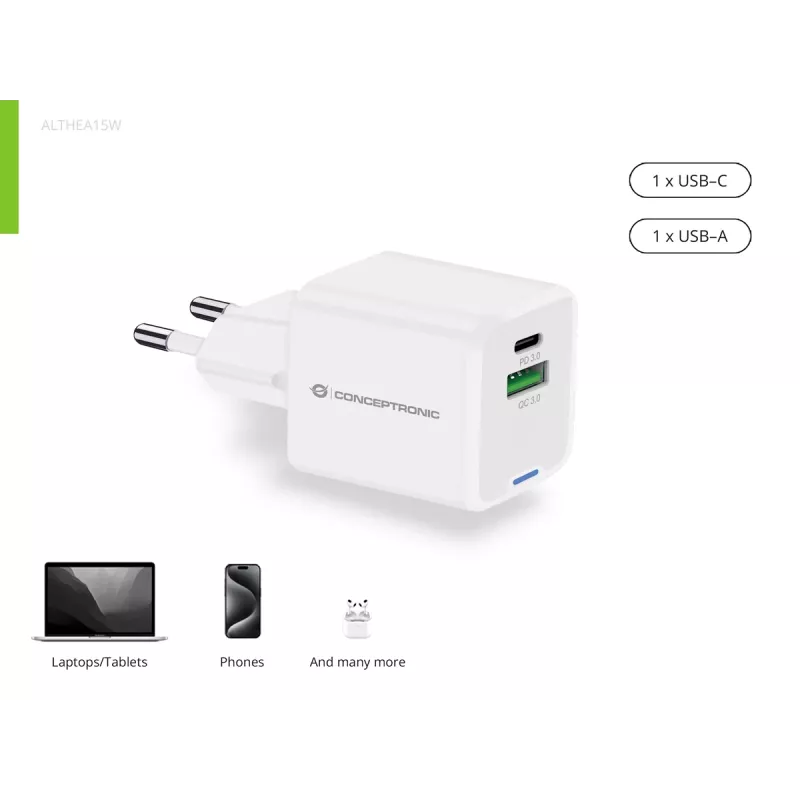 Conceptronic 2-Port 20W GaN USB PD Ladegerät, USB-C x 1, USB-A x 1 ALTHEA15W