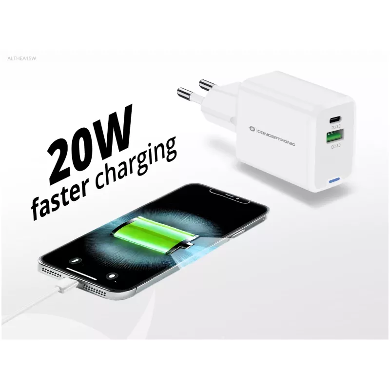 Conceptronic 2-Port 20W GaN USB PD Ladegerät, USB-C x 1, USB-A x 1 ALTHEA15W