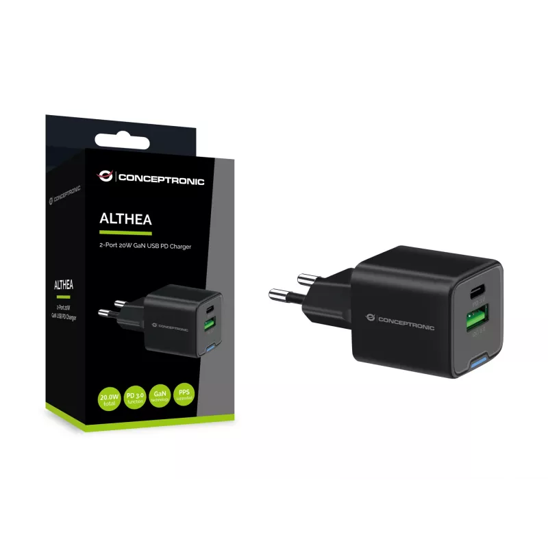 Conceptronic 2-Port 20W GaN USB PD Ladegerät, USB-C x 1, USB-A x 1, QC 3.0, PPS