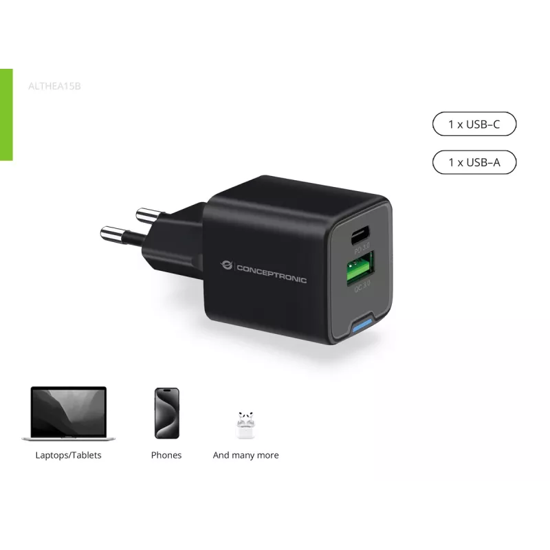 Conceptronic 2-Port 20W GaN USB PD Ladegerät, USB-C x 1, USB-A x 1, QC 3.0, PPS