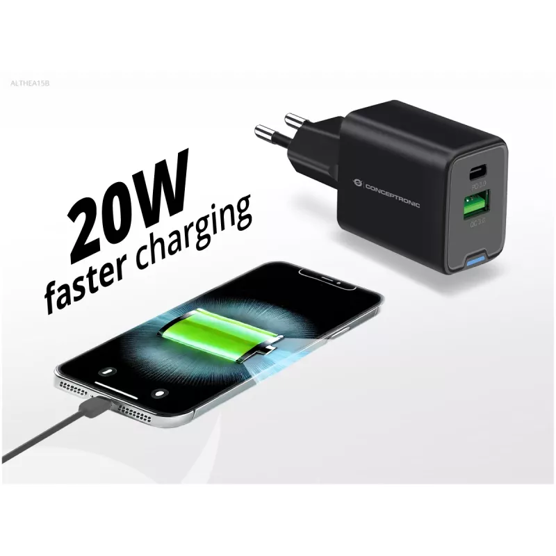 Conceptronic 2-Port 20W GaN USB PD Ladegerät, USB-C x 1, USB-A x 1, QC 3.0, PPS