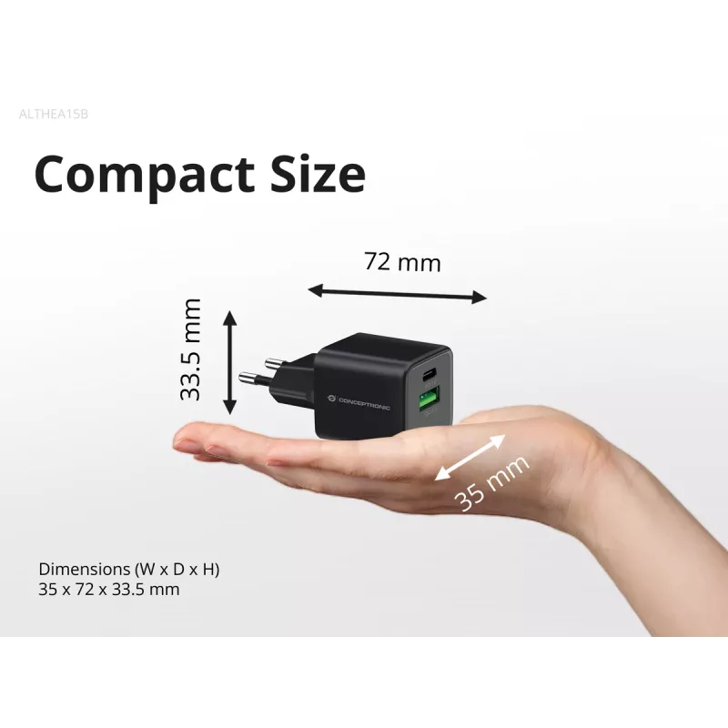 Conceptronic 2-Port 20W GaN USB PD Ladegerät, USB-C x 1, USB-A x 1, QC 3.0, PPS