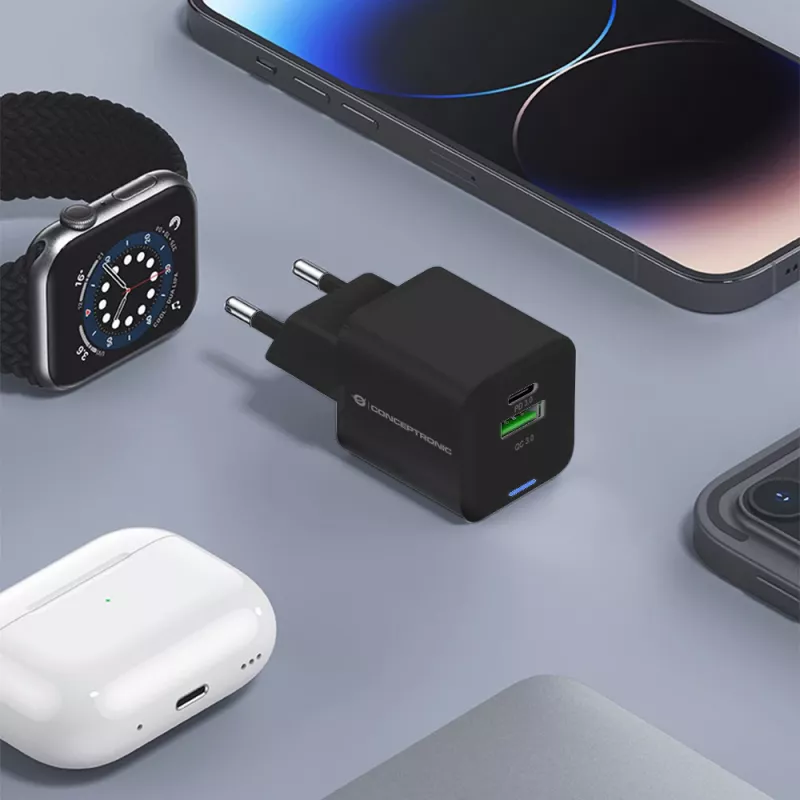 Conceptronic 2-Port 20W GaN USB PD Ladegerät, USB-C x 1, USB-A x 1, QC 3.0, PPS
