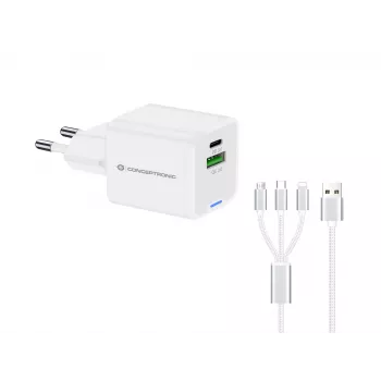 Conceptronic 2-Port 33W GaN USB PD Ladegerät mit 3-in-1 Ladekabel, USB-C x 1, USB-A x 1, QC 3.0, PPS