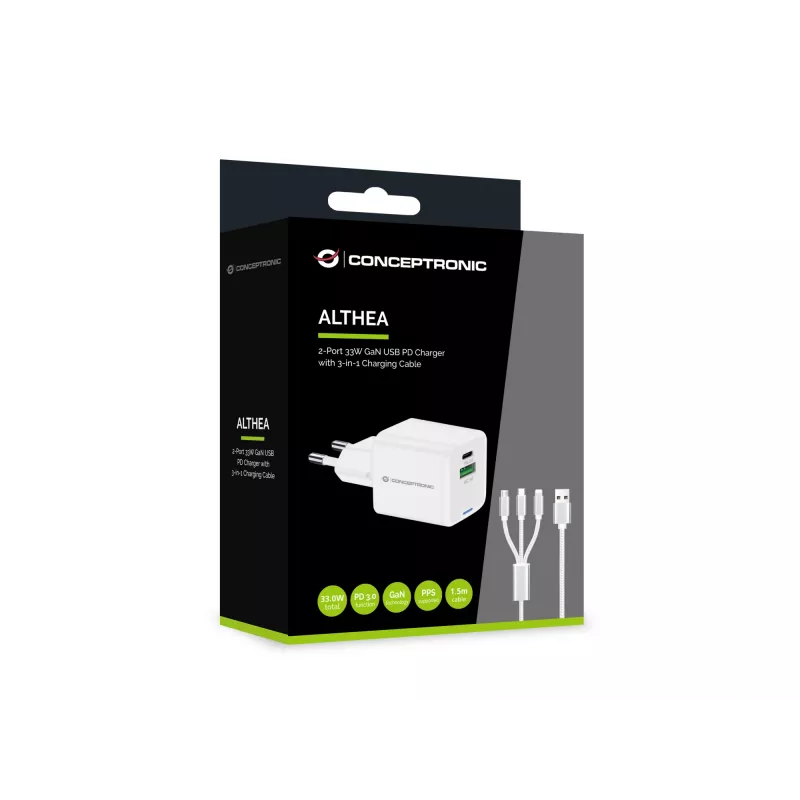 Conceptronic 2-Port 33W GaN USB PD Ladegerät mit 3-in-1 Ladekabel, USB-C x 1, USB-A x 1, QC 3.0, PPS