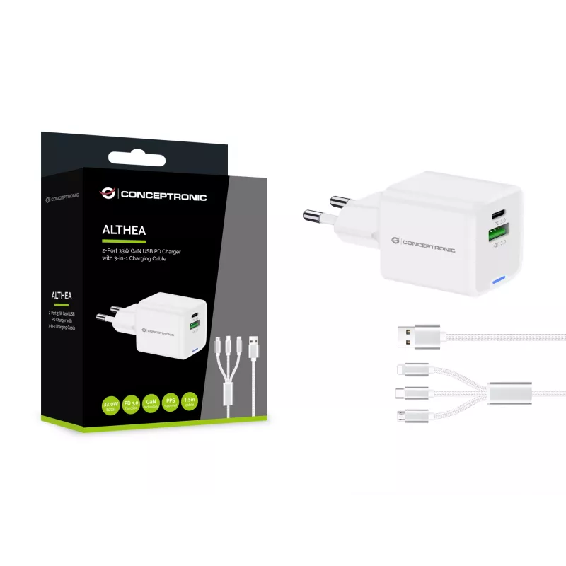 Conceptronic 2-Port 33W GaN USB PD Ladegerät mit 3-in-1 Ladekabel, USB-C x 1, USB-A x 1, QC 3.0, PPS