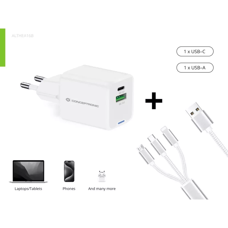 Conceptronic 2-Port 33W GaN USB PD Ladegerät mit 3-in-1 Ladekabel, USB-C x 1, USB-A x 1, QC 3.0, PPS