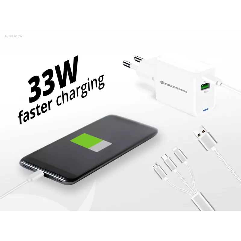 Conceptronic 2-Port 33W GaN USB PD Ladegerät mit 3-in-1 Ladekabel, USB-C x 1, USB-A x 1, QC 3.0, PPS