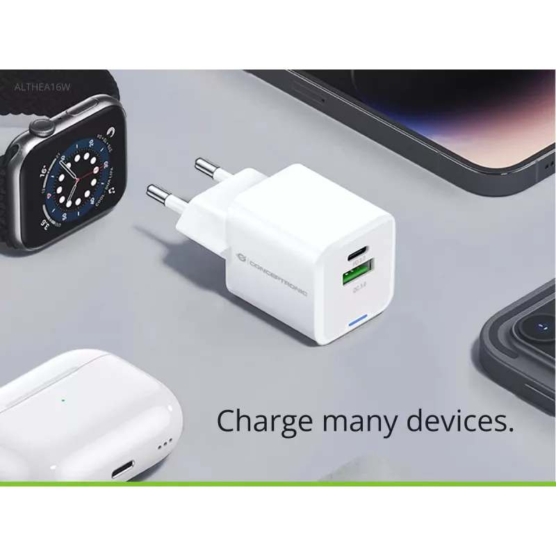Conceptronic 2-Port 33W GaN USB PD Ladegerät mit 3-in-1 Ladekabel, USB-C x 1, USB-A x 1, QC 3.0, PPS