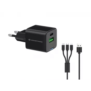 Conceptronic 2-Port 33W GaN USB PD Ladegerät mit 3-in-1 Ladekabel, USB-C x 1, USB-A x 1, QC 3.0, PPS