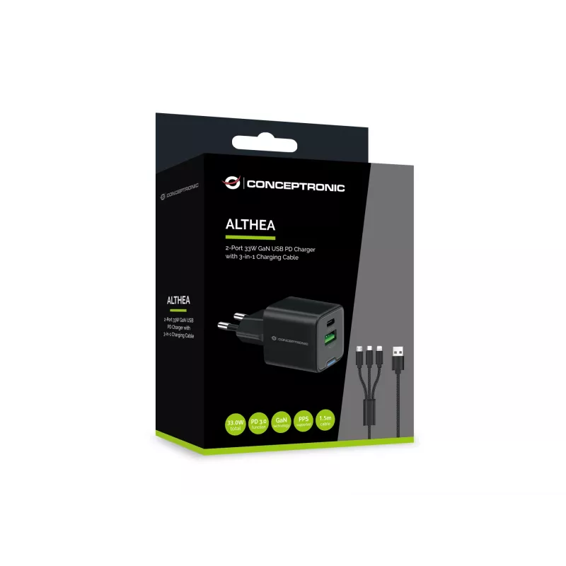 Conceptronic 2-Port 33W GaN USB PD Ladegerät mit 3-in-1 Ladekabel, USB-C x 1, USB-A x 1, QC 3.0, PPS