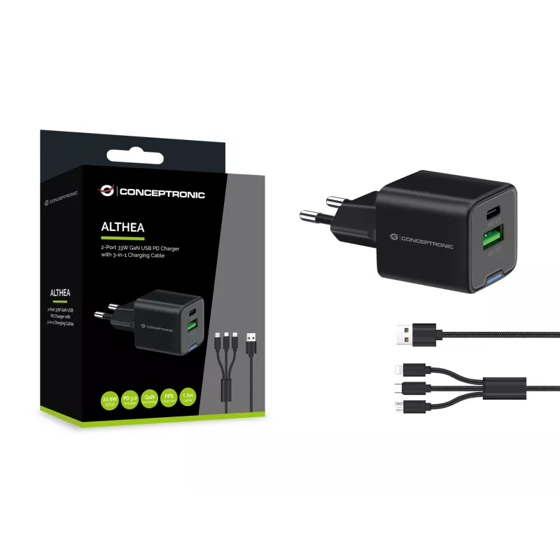 Conceptronic 2-Port 33W GaN USB PD Ladegerät mit 3-in-1 Ladekabel, USB-C x 1, USB-A x 1, QC 3.0, PPS