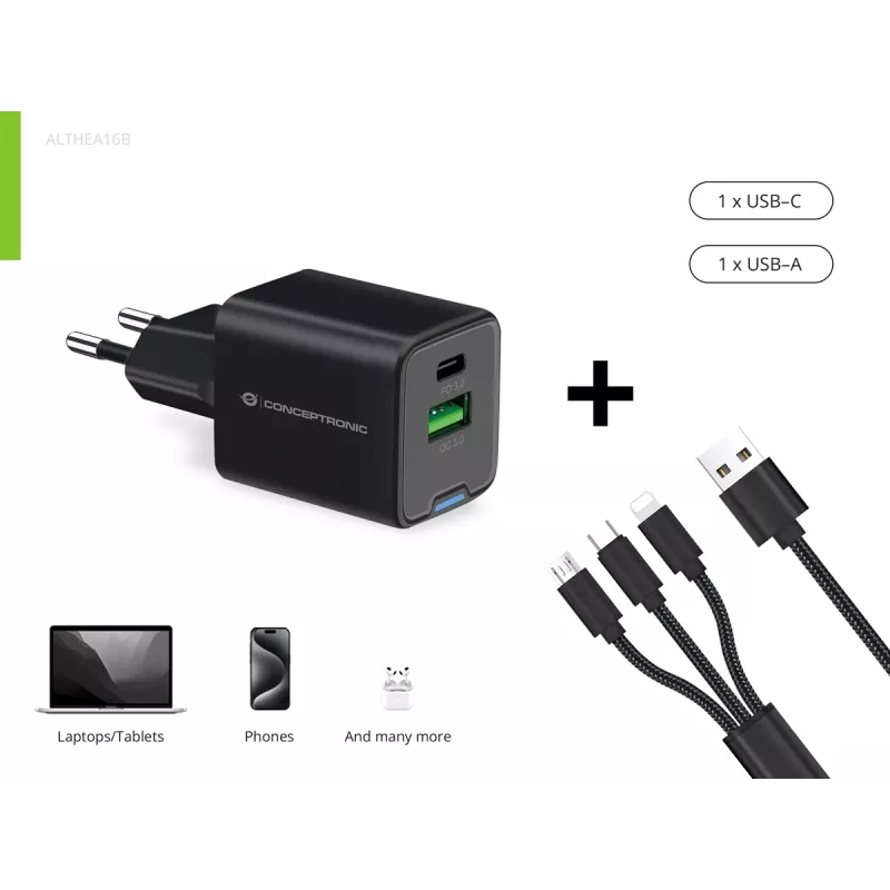 Conceptronic 2-Port 33W GaN USB PD Ladegerät mit 3-in-1 Ladekabel, USB-C x 1, USB-A x 1, QC 3.0, PPS
