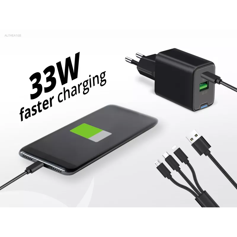 Conceptronic 2-Port 33W GaN USB PD Ladegerät mit 3-in-1 Ladekabel, USB-C x 1, USB-A x 1, QC 3.0, PPS