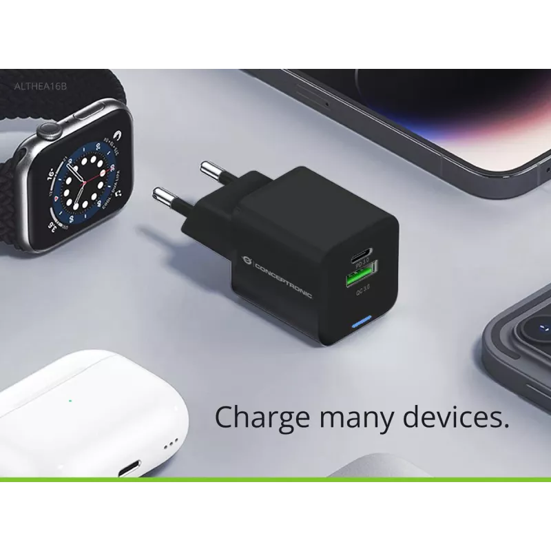 Conceptronic 2-Port 33W GaN USB PD Ladegerät mit 3-in-1 Ladekabel, USB-C x 1, USB-A x 1, QC 3.0, PPS
