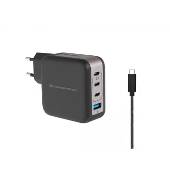 Conceptronic 4-Port 100W GaN USB PD Ladegerät mit USB-C Ladekabel, USB-C x 3, USB-A x 1, QC 3.0, PPS