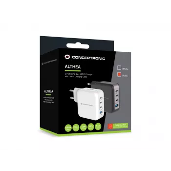 Conceptronic 4-Port 100W GaN USB PD Ladegerät mit USB-C Ladekabel, USB-C x 3, USB-A x 1, QC 3.0, PPS