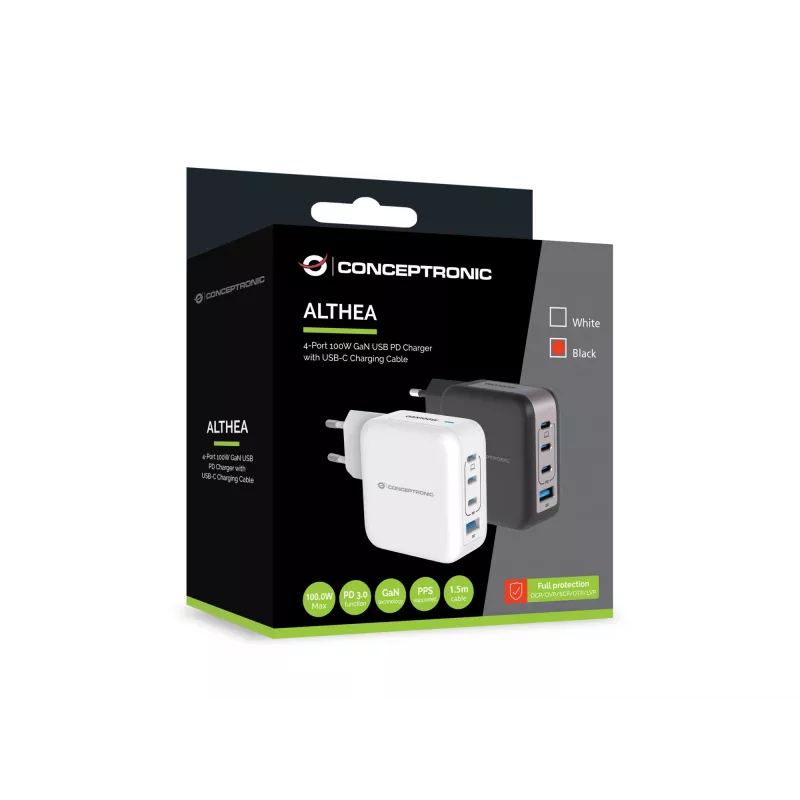 Conceptronic 4-Port 100W GaN USB PD Ladegerät mit USB-C Ladekabel, USB-C x 3, USB-A x 1, QC 3.0, PPS