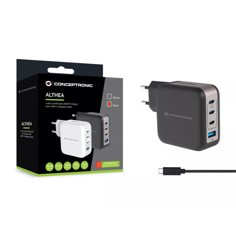 Conceptronic 4-Port 100W GaN USB PD Ladegerät mit USB-C Ladekabel, USB-C x 3, USB-A x 1, QC 3.0, PPS